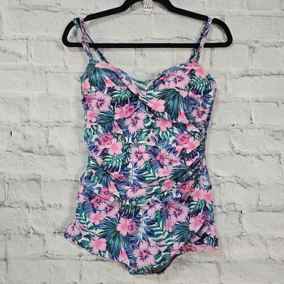 Shore Shapes one piece swimsuit Sz 10 skirt ruched floral padded A8 - Picture 1 of 3